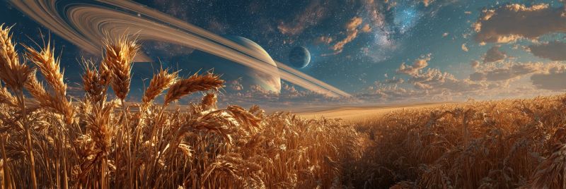 Field wheat sky planet space clouds astronomy universe cosmos star moon nature sunset horizon atmosphere celestial outer In the foreground, a vast field of golden wheat sways gently in the breeze. The wheat is tall and dense, creating a sea of golden stalks that stretch towards the horizon. The sky above is a deep blue, dotted with fluffy white clouds. In the distance, a large planet with prominent rings is visible, adding a sense of scale and wonder. The planet is surrounded by a faint, ethereal glow, and a smaller moon orbits it. The scene is bathed in a warm, golden light, giving the entire landscape a serene and almost magical quality.