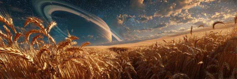 Ble champ grain recolte moisson agriculture ferme nature ciel nuages planete astronomie espace univers celeste etoile nuit Vaste champ de blé doré sous un ciel crépusculaire. Le blé est haut et doré, ondulant doucement dans la brise. Le ciel est d'un bleu profond, passant à un bleu plus clair près de l'horizon, avec des nuages éparpillés qui captent la lumière du soleil couchant. En arrière-plan, une grande planète avec des anneaux proéminents est visible, ajoutant un élément surréaliste à la scène. Les anneaux de la planète sont clairement définis, et la planète elle-même est un orbe brillant et lumineux contre le ciel qui s'assombrit. L'atmosphère générale est sereine et paisible, avec le champ de blé s'étendant sans fin vers l'horizon.