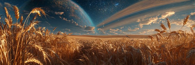 Champ ble grain recolte nature ciel nuages planete astronomie espace univers celeste etoile Au premier plan, un vaste champ de blé doré s'étend à perte de vue, avec des tiges ondulant doucement dans la brise. Le blé est haut et dense, créant une mer de teintes dorées sous la chaleur du soleil. Le ciel au-dessus est d'un bleu profond, parsemé de nuages blancs et moelleux. Au loin, une grande planète d'une teinte bleue avec un système d'anneaux est visible, ajoutant un élément surréaliste à la scène. Les anneaux de la planète sont fins et s'arc-boutent gracieusement dans le ciel. Le soleil se couche, projetant une lueur dorée sur le champ de blé et la planète, créant une atmosphère sereine et irréelle.