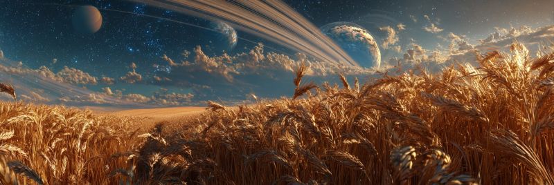 Field wheat grain crop harvest agriculture farm nature sky planet space astronomy universe cosmos celestial star moon satellite outer vast golden wheat field under a twilight sky. The wheat is tall and golden, swaying gently in the breeze. The sky is a deep blue, transitioning to a lighter blue near the horizon, with scattered clouds. In the background, there are three celestial bodies visible: a large planet with a reddish hue, a smaller planet with a bluish tint, and a ringed planet. The ringed planet is the largest and most prominent, with its rings stretching across the sky. The overall scene is serene and picturesque, blending the beauty of nature with the vastness of space.