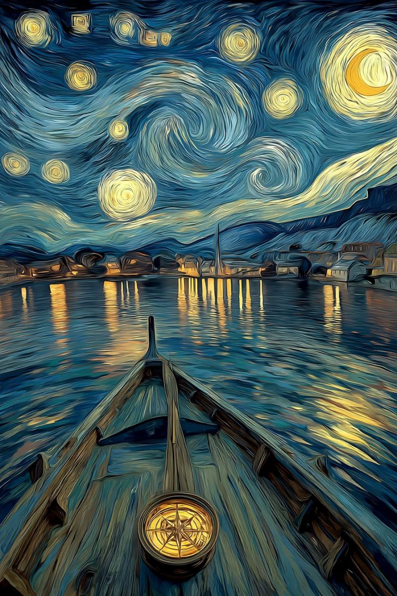 Boat night sky stars water painting reflection moon impressionism post watercolor van gogh starry oil gallery The painting depicts a serene night scene with a boat on a calm body of water. The sky is filled with swirling patterns of stars and a crescent moon, painted in vibrant yellows and blues. The water reflects the celestial lights, creating a mirror-like effect. In the distance, there are silhouettes of buildings and a tower, adding depth to the landscape. The boat is positioned in the foreground, with a compass on its deck, suggesting a sense of navigation and exploration. The overall mood is tranquil and contemplative, capturing the beauty of a night under the stars.