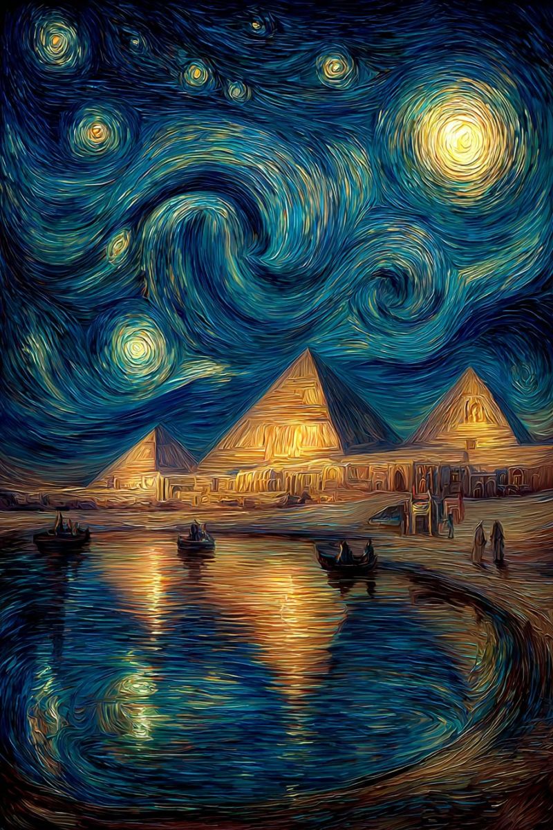 Pyramide nuit ciel etoiles lune eau bateau gens ville ancienne architecture reflet desert histoire culture La peinture représente une scène nocturne sereine avec une rivière s'écoulant au premier plan. La rivière est calme, reflétant les couleurs vives du ciel et les pyramides au loin. Le ciel est d'un bleu profond, orné de motifs tourbillonnants d'étoiles et d'une lune brillante et lumineuse. La lumière de la lune projette une douce lueur sur la rivière et les pyramides, qui sont illuminées de l'intérieur, suggérant une source de lumière à l'intérieur. Au premier plan, il y a deux petits bateaux sur la rivière, chacun transportant quelques personnes. La scène est paisible, avec quelques personnes marchant le long de la rive, ajoutant à l'atmosphère tranquille.