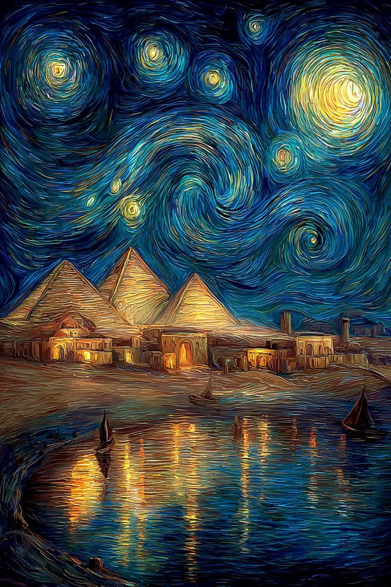 Nuit ciel etoiles pyramide ville eau bateau reflet architecture ancienne desert impressionnisme egypte histoire van gogh La peinture représente une scène nocturne avec un accent sur les pyramides de Gizeh en Égypte. Les pyramides sont illuminées par des lumières chaudes et dorées, créant une atmosphère sereine et mystique. Le ciel est d'un bleu profond, rempli de motifs tourbillonnants d'étoiles et de corps célestes, rappelant le style de Van Gogh. L'eau au premier plan reflète les lumières des pyramides et des étoiles, ajoutant un effet scintillant. Au loin, il y a des bâtiments et un petit village, également doucement éclairés. L'ambiance générale est tranquille et impressionnante, mêlant architecture ancienne et beauté du ciel nocturne.