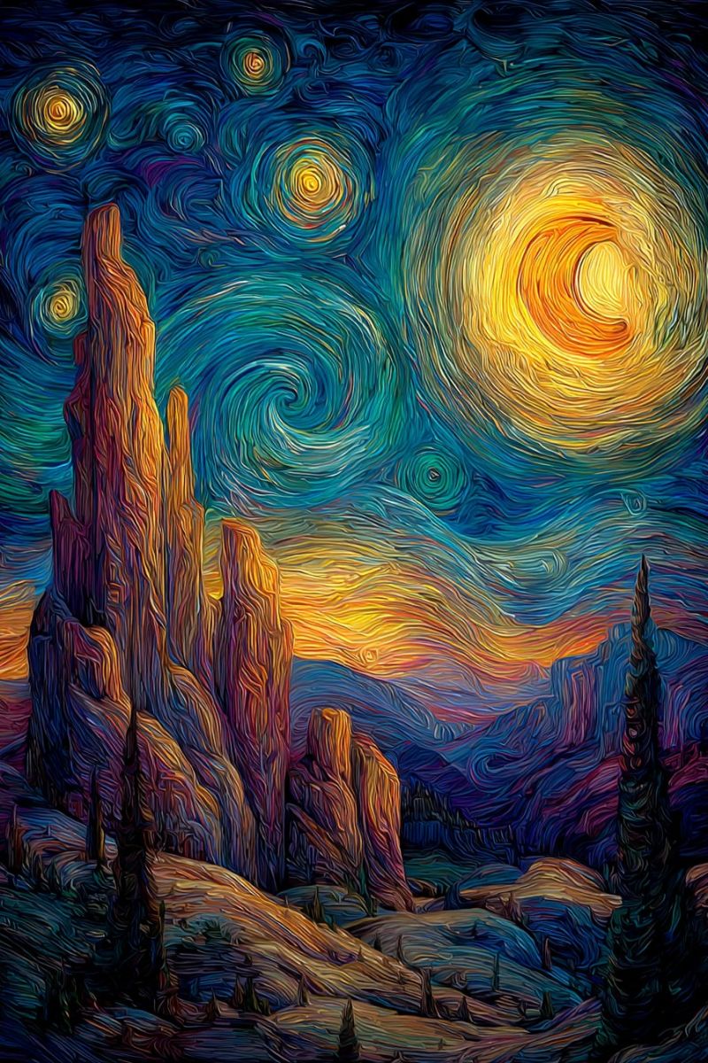 Night sky stars moon rocks mountains trees hills sunset painting colorful texture impressionism brush strokes crescent rock formation The painting depicts a night sky filled with swirling, vibrant colors. The sky is a mix of deep blues, purples, and yellows, with a large, glowing crescent moon at the center. Stars are scattered throughout, some forming circular patterns. Below the sky, there are jagged rock formations and mountains, painted in shades of orange, purple, and brown. The foreground features a landscape with trees and hills, all under the soft glow of the moon. The overall effect is dynamic and dreamlike, with a sense of movement in the swirling sky.