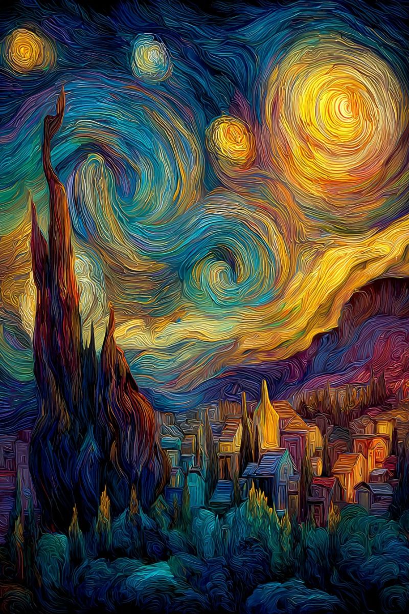 Nuit ciel etoiles ville impressionnisme post tourbillons jaune bleu rouge orange vert van gogh coups pinceau La peinture représente un ciel de nuit vibrant rempli de nuages tourbillonnants et de trois étoiles proéminentes. Le ciel passe des bleus et violets profonds en haut aux jaunes et oranges chauds près de l'horizon. Sous le ciel, une ville est nichée entre des arbres et des collines, avec des bâtiments de diverses couleurs et tailles. La ville est illuminée par la chaleur des lumières, créant une atmosphère chaleureuse et accueillante. Au premier plan, un grand arbre tordu avec un écorce foncée et texturée ajoute de la profondeur et du contraste à la scène.