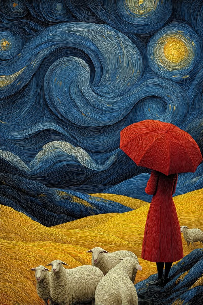 Femme parapluie mouton nuit ciel etoiles rouge jaune bleu nuages montagnes champ herbe animaux air nature Dans un champ de blé doré, une femme en manteau rouge se tient avec un parapluie, levant les yeux vers un ciel nocturne tourbillonnant rempli d'étoiles. Quatre moutons sont rassemblés autour d'elle, dont l'un regarde directement le spectateur. Le ciel est d'un bleu profond avec des étoiles jaunes et blanches, créant un effet de nuit étoilée. Le parapluie de la femme est d'un rouge vif, contrastant avec le ciel sombre et le champ doré.