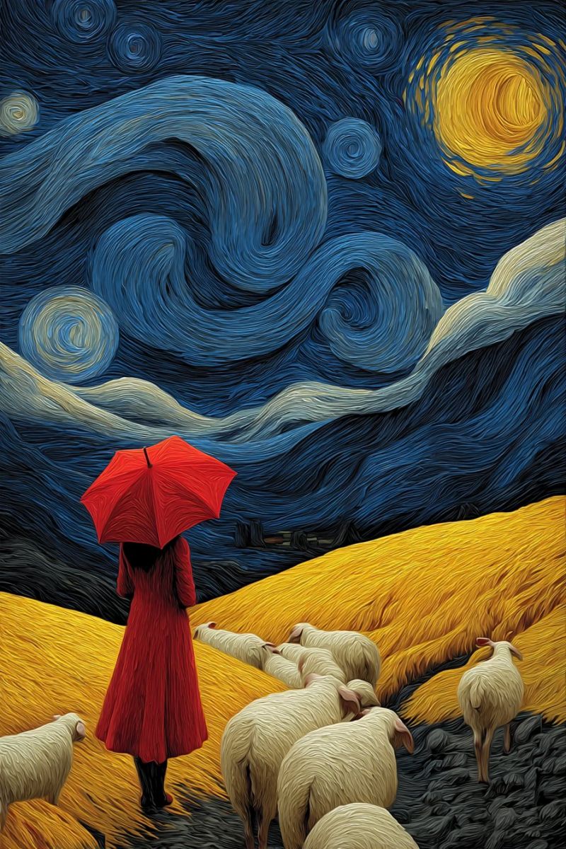 Painting woman umbrella sheep night sky field clouds stars moon sun yellow blue red rocks In a field of golden wheat, a woman in a red coat and boots stands holding a red umbrella. She is surrounded by a flock of white sheep, some of which are grazing. The sky above is a swirling blue and yellow, reminiscent of Van Gogh's 
