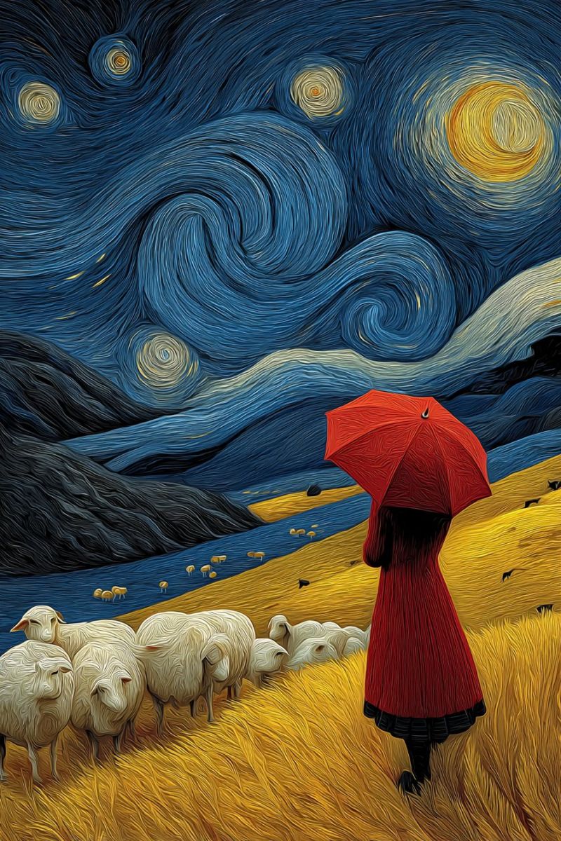 Painting night stars umbrella sheep field woman sky mountain water clouds yellow red grass animals In a field of golden wheat, a woman stands holding a red umbrella. She wears a red dress and black boots. Behind her, a flock of sheep grazes peacefully. The sky above is a deep blue, swirling with stars and a bright moon. The scene is set against a back of mountains and a serene body of water. The painting style is reminiscent of Van Gogh, with bold, swirling brushstrokes.
