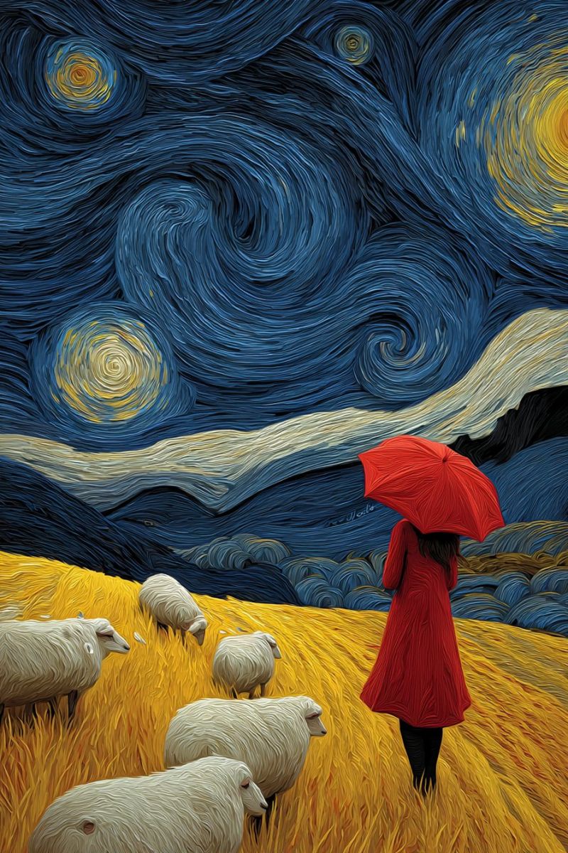 Painting woman umbrella sheep field night sky stars clouds imagination fantasy dream inspiration creativity expressionism post impressionism modern In a field of golden wheat, a woman in a red coat and black pants stands with a red umbrella, gazing at a swirling night sky filled with stars. The sky is painted in deep blues and yellows, reminiscent of Van Gogh's 
