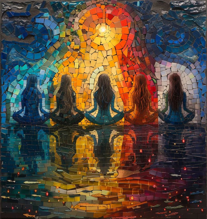 Mosaique coloree geometrique design reflexion eau meditation spiritualite yoga zen paix harmonie equilibre unite oeuvre d'art en mosaïque vibrante représentant quatre femmes assises dans une pose méditative, formant un cercle. Chaque femme a de longs cheveux fluides et est vêtue d'un vêtement ample. Le fond est un rayonnement solaire avec un spectre de couleurs passant du jaune au rouge, entouré d'un motif tourbillonnant de carreaux bleus et verts. Les reflets des femmes sont visibles sur l'eau en dessous, qui est ornée de petites lumières rouges lumineuses et de petites formes ressemblant à des poissons. L'ensemble de la mosaïque est encadré par une bordure de carreaux de diverses couleurs, créant un sentiment de profondeur et de mouvement.
