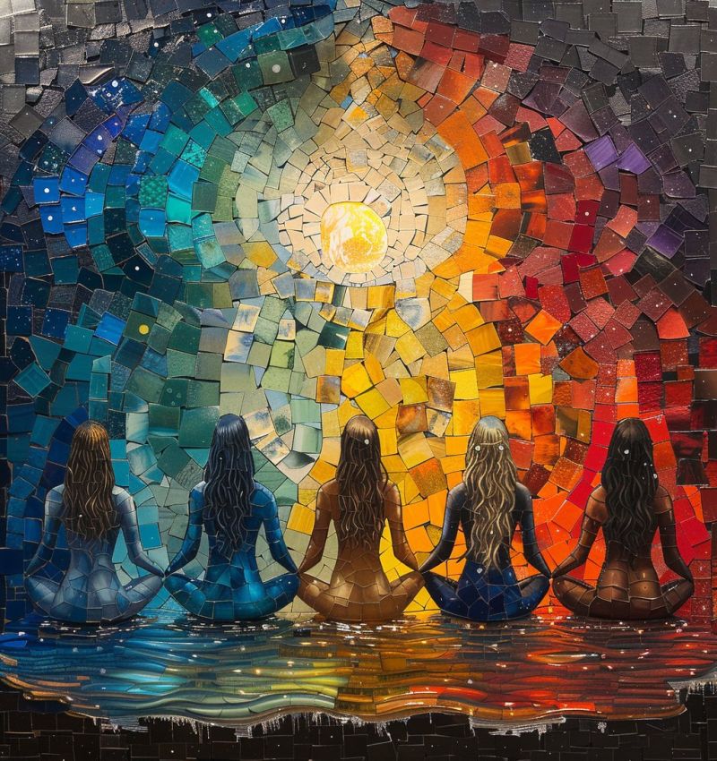 Painting mosaic colorful meditation women yoga sun water reflection spirituality harmony balance peace unity Oeuvre d'art en mosaïque vibrante représentant cinq femmes dans une pose méditative, assises en cercle. Le fond est une grande mosaïque circulaire qui passe des teintes bleues et vertes profondes en haut aux jaunes, oranges et rouges chauds en bas, créant un effet semblable à un coucher de soleil. Au centre de cette mosaïque se trouve un cercle jaune vif, symbolisant le soleil. Les femmes sont disposées en cercle, chacune avec de longs cheveux, et elles semblent être dans un état de méditation profonde ou de contemplation. La mosaïque est placée sur un fond d'eau, qui reflète les couleurs de la mosaïque, ajoutant à l'atmosphère sereine et mystique de l'oeuvre