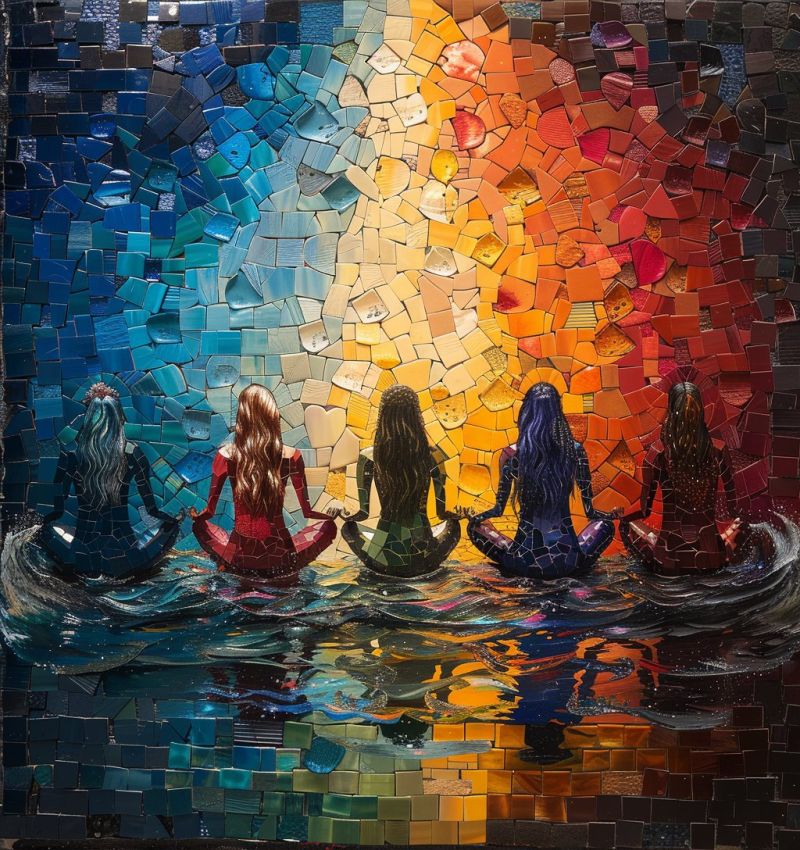 Mosaique meditation yoga femmes eau reflexion soleil coucher spiritualite harmonie equilibre unite Mosaïque représentant cinq femmes assises dans une pose méditative dans un plan d'eau serein. Les femmes sont disposées en demi-cercle, tournées vers l'extérieur, les jambes croisées et les mains posées sur les genoux. Le fond est une mosaïque vibrante de carreaux colorés, passant du bleu profond à gauche au jaune et orange chaud au centre, puis au rouge et violet riches à droite. L'eau reflète la mosaïque, créant un effet de miroir. Chaque femme a de longs cheveux fluides, et leurs tenues varient, certaines portant des vêtements amples et d'autres des tenues plus ajustées. La scène globale transmet un sentiment de tranquillité et d'unité.