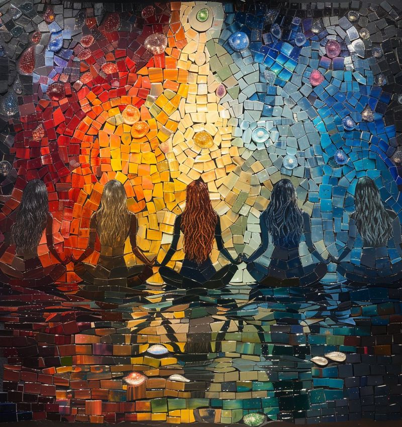 Mosaic painting colorful pattern geometric design texture reflection water meditation yoga spirituality women group sitting cross legged Oeuvre d'art en mosaïque vibrante représentant cinq femmes dans une pose méditative, assises en cercle. La mosaïque est composée de petites tuiles colorées qui créent un effet radieux, presque éthéré. Les femmes sont positionnées dans une posture méditative sereine, les mains posées sur les genoux. Le fond de la mosaïque est un mélange époustouflant de couleurs chaudes et froides, avec des teintes de rouge, orange, jaune et bleu créant un effet dynamique, presque ardent. La mosaïque inclut également diverses formes et motifs, tels que des cercles et des spirales, ajoutant au sentiment global de mouvement et d'énergie. Les cheveux des femmes flottent librement, et leurs expressions sont calmes et paisibles, transmettant un sentiment de tranquillité et d'unité. La mosaïque est placée sur un fond d'eau, qui reflète les couleurs vibrantes de l'oeuvre, ajoutant au sentiment global d'harmonie et d'équilibre