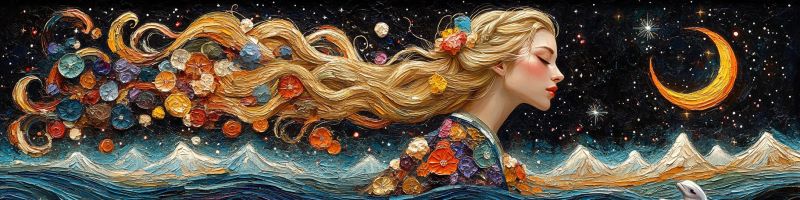 Painting woman night moon stars flowers sea mountains dolphin fantasy imagination dreams beauty colorful surrealism inspiration creativity A woman with long, wavy blonde hair adorned with colorful flowers and small planets floats in the night sky. Her hair flows like a river, filled with vibrant flowers and celestial bodies. She wears a traditional Japanese kimono decorated with a variety of flowers. Her eyes are closed, and she gazes at the crescent moon in the sky. The background features a serene sea with gentle waves, and distant mountains under a starry sky. A white dolphin swims in the water, adding to the tranquil scene.