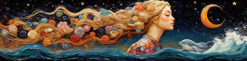 Femme dauphin nuit ocean etoiles lune fleurs fantaisie vagues mer reve beaute eau ciel Dans le tableau, une femme aux longs cheveux blonds ondulés ornés de fleurs colorées flotte gracieusement dans l'océan. Ses cheveux cascadent, se mêlant aux vagues, et sont entrecoupés de diverses fleurs aux teintes rouges, jaunes, bleues et roses. Elle regarde vers la droite, les yeux fermés, comme dans un état serein et rêveur. L'océan autour d'elle est d'un bleu profond, avec de douces vagues léchant ses pieds. En arrière-plan, un croissant de lune et des étoiles illuminent le ciel nocturne, ajoutant une touche magique à la scène. À droite, un dauphin nage gracieusement dans l'eau, son corps élégant fendant les vagues. L'atmosphère générale est de tranquillité et de merveille, avec les couleurs vives et les expressions sereines des personnages créant une scène captivante et enchanteresse.