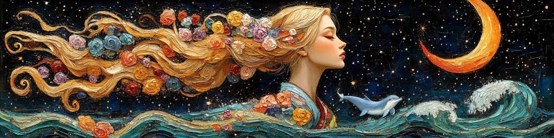 Woman night moon dolphin ocean flowers stars painting fantasy waves dream beauty water imagination creativity sky In the painting, a serene woman with long, flowing golden hair adorned with various colorful flowers floats gracefully in the ocean. Her hair waves gently, blending with the ocean's blue waves. She wears a traditional dress with a floral pattern, and her eyes are closed, suggesting a moment of tranquility. The night sky above is filled with stars, and a crescent moon glows brightly. A dolphin swims near her, adding to the peaceful scene. The painting captures a moment of harmony between nature and the human spirit.