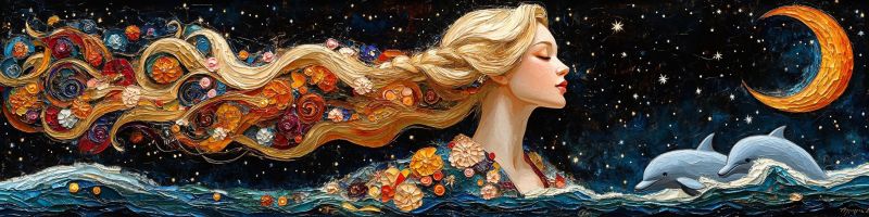 Painting woman dolphin night ocean moon stars flowers fantasy mermaid sea beauty dream surrealism imagination The painting depicts a serene night scene with a woman and two dolphins in the ocean. The woman has long, wavy blonde hair adorned with colorful flowers, giving her a mystical appearance. She gazes to the right, her eyes closed, and her hair flows gracefully into the water. The background is a deep blue night sky filled with stars and a crescent moon. The water is calm, with gentle waves lapping at the shore. The dolphins are swimming close to the woman, adding to the tranquil and magical atmosphere of the painting.