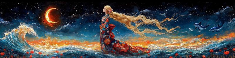Painting woman night ocean dolphin flower water sky moon stars cloud wave lighthouse fantasy dream beauty In the painting, a woman with long, flowing blonde hair stands gracefully on the ocean's surface, her hair billowing in the wind. She wears a colorful, flowing dress adorned with floral patterns. The ocean is calm, with gentle waves and red flowers floating on the water. In the sky, a crescent moon is partially eclipsed by the sun, casting a warm glow over the scene. Two dolphins leap gracefully from the water, adding a sense of movement and life to the painting. The sky is filled with stars, and the overall scene is bathed in a soft, ethereal light.