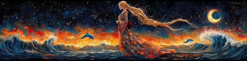 Femme nuit dauphin mer ocean vagues lune etoiles ciel fantaisie eau feu reveur mystique beau Dans le tableau, une femme aux longs cheveux fluides se tient sur le rivage d'un vaste océan sous un ciel nocturne. Elle porte une robe colorée et fluide ornée de motifs floraux. Les vagues de l'océan sont représentées en nuances de bleu et de blanc, s'écrasant contre le rivage. Deux dauphins sautent gracieusement hors de l'eau, l'un à gauche et l'autre à droite. Le ciel est sombre, avec un croissant de lune et des étoiles visibles. L'arrière-plan présente un coucher de soleil orange et rouge ardent, ajoutant un contraste dramatique à la scène sereine.