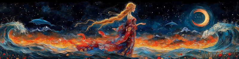Painting night woman dolphin ocean fire wave mountain moon stars flowers fantasy water sky lighthouse lightbulb In the painting, a woman with long, flowing hair stands on the edge of a fiery ocean, her dress billowing in the wind. She gazes towards the horizon, where two dolphins leap gracefully out of the water, one on each side of her. The sky above is a deep, starry blue, with a crescent moon hanging low, casting a soft glow over the scene. The ocean is a mix of deep blues and fiery oranges, with waves crashing against the shore. In the background, mountains are silhouetted against the night sky, adding to the dramatic and mystical atmosphere of the painting.
