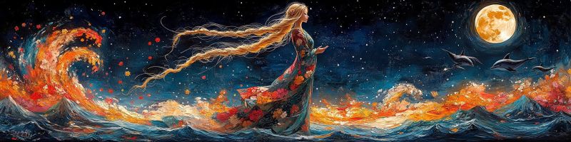 Painting woman ocean dolphins moon stars night fire waves fantasy sea water sky dream magic beauty colorful In the painting, a woman with long, flowing blonde hair stands in the middle of a vast ocean under a night sky. She wears a long, floral dress that billows around her. The ocean is depicted with waves that seem to be on fire, with orange and red hues. The sky is dark blue, dotted with stars, and a full moon shines brightly in the upper right corner. Three dolphins are gracefully leaping out of the water, adding a sense of movement and life to the scene. The overall atmosphere is magical and serene, with the woman appearing to be in harmony with the natural elements around her.