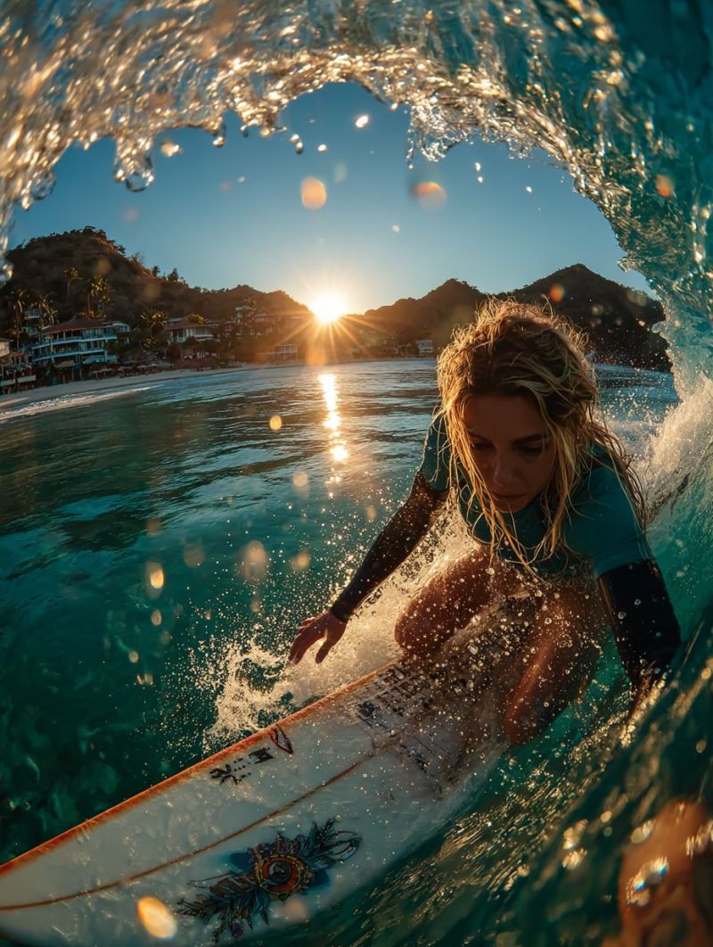 Surfer femme ocean vague soleil coucher plage montagnes batiments arbres ciel eau eclaboussure planche combinaison aventure sport vie nature palmier Une femme surfe sur une planche blanche avec un design coloré dans l'océan. Elle porte une combinaison de surf bleue et est en position accroupie, chevauchant la vague. L'eau éclabousse autour d'elle, et le soleil se couche en arrière-plan, projetant une lueur chaude sur l'eau et les environs. Au loin, il y a des bâtiments et des montagnes, et le ciel est un mélange de bleu et d'orange.