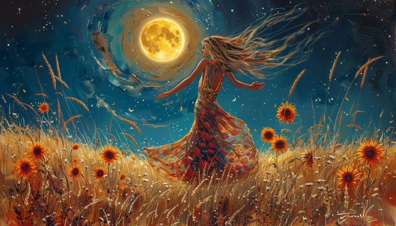 Femme champ lune nuit fleurs tournesols robe fantaisie imagination reve beaute nature etoiles ciel Dans un vaste champ d'herbe haute et dorée, une femme aux longs cheveux flottants danse sous une pleine lune brillante. Sa robe est colorée et fluide, captant la lumière de la lune. Le ciel est d'un bleu profond, parsemé d'étoiles, et la lune est entourée d'une douce aura lumineuse. Des tournesols sont éparpillés dans le champ, certains tournés vers la lune, d'autres vers la femme. La scène générale est magique et sereine, avec un sentiment de liberté et de joie.