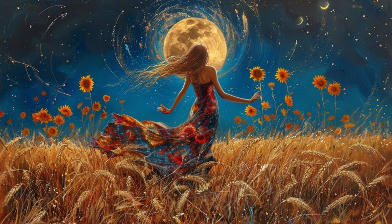 Femme champ nuit lune tournesols robe fleurs fantaisie imagination reves beaute nature etoiles ciel Au centre de l'image, une femme aux longs cheveux flottants se tient dans un vaste champ de blé doré. Elle porte une robe colorée et fluide qui semble être faite de divers tissus, se mélangeant les uns aux autres avec des motifs qui ressemblent à des galaxies et des étoiles. Ses bras sont étendus, et elle semble danser ou se mouvoir avec grâce. Le fond est un ciel bleu profond rempli d'étoiles, et une grande pleine lune brillante est affichée de manière proéminente, entourée d'une douce lueur. Des tournesols sont dispersés dans le champ, ajoutant à l'atmosphère vibrante et magique. La scène est éclairée par la lumière de la lune, créant une ambiance sereine et enchanteresse.