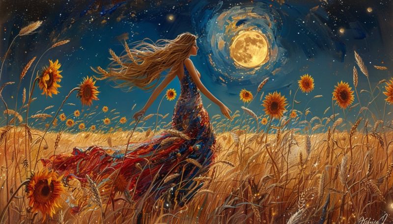 Woman field sunflowers moon night painting fantasy dreamy floral flora flowers design pattern wallpaper In the center of the image, a woman with long, flowing hair is standing in a vast field of tall, golden wheat and sunflowers. Her dress is a vibrant mix of red, blue, and yellow, with a flowing, ethereal quality. She is looking to the right, her hair blowing gently in the breeze. The sky above is a deep blue, dotted with stars and a large, glowing full moon. The moon is surrounded by a soft, swirling light, adding a magical touch to the scene. The sunflowers are in various stages of bloom, with some facing the moon and others towards the woman. The overall atmosphere is serene and dreamlike.