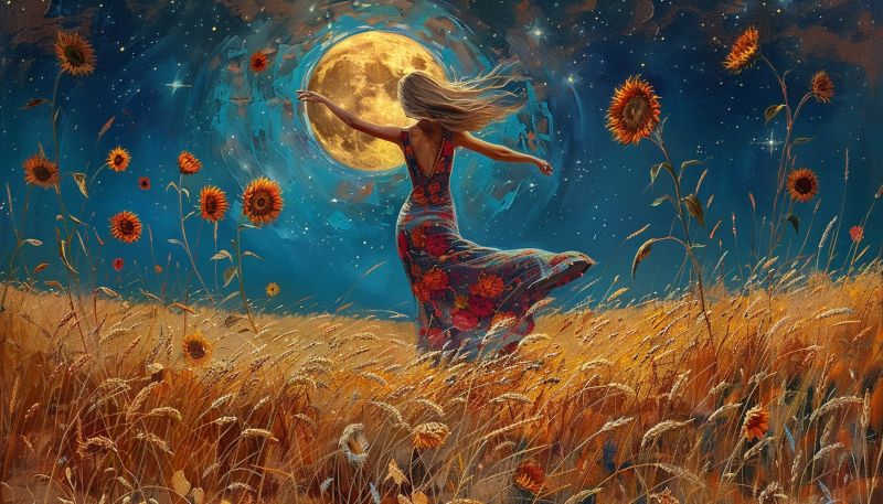 Champ lune tournesol nuit fleur femme herbe etoile ciel reve fantaisie beaute liberte Au centre de l'image, une femme aux longs cheveux fluides se tient dans un vaste champ de blé doré et haut. Elle porte une robe colorée et fluide ornée de motifs floraux. Ses bras sont étendus, et elle semble danser ou célébrer sous une pleine lune brillante qui illumine la scène. La lune est entourée d'une douce aura lumineuse, et des étoiles sont dispersées dans le ciel nocturne. Des tournesols sont éparpillés dans le champ, certains d'entre eux tournés vers la lune, ajoutant à l'atmosphère sereine et magique. Le fond est d'un bleu profond, accentuant le contraste des couleurs vives au premier plan.