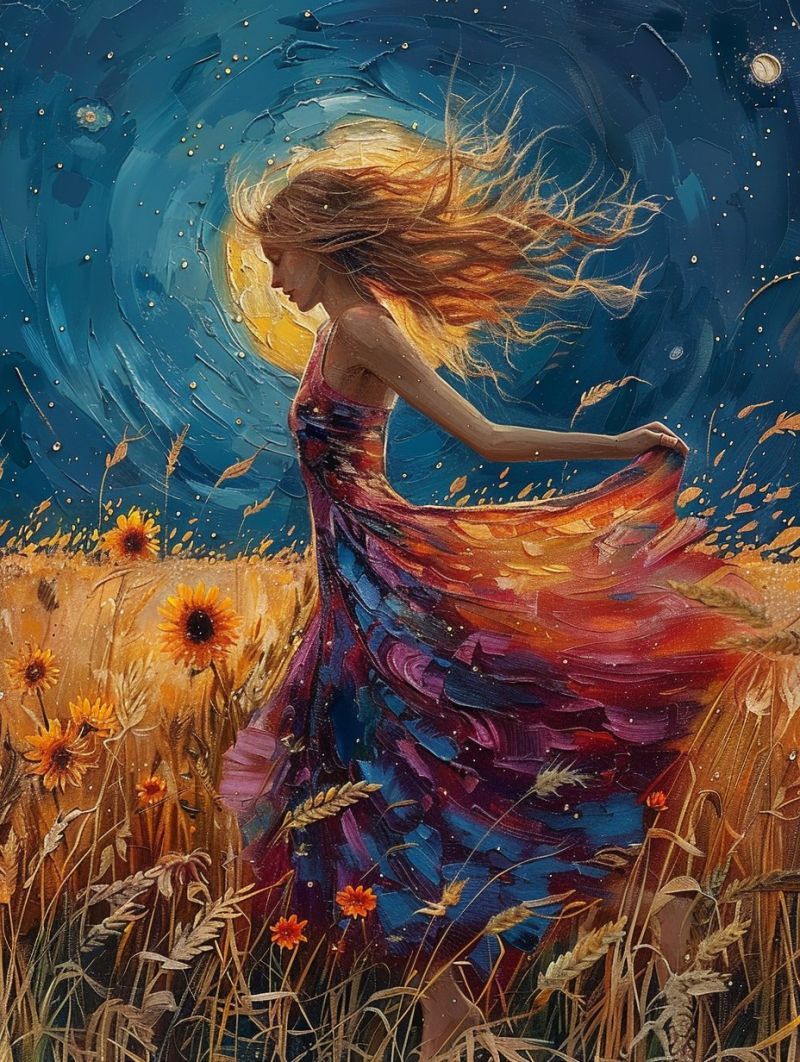 Woman dress field flowers night sky sunflowers painting nighttime stars moon dreamy fantasy imagination colorful movement freedom In the center of the image, a woman with flowing golden hair is depicted in a field of tall grass and sunflowers. She is wearing a colorful, flowing dress that blends shades of blue, purple, and orange. The dress billows around her as if caught in a breeze. The woman's gaze is directed downward, and her posture suggests she is in motion, possibly dancing or running. The background is a deep blue sky filled with stars and a large, glowing moon. The moon is surrounded by a halo of light, and the sky appears to be in motion, with streaks of light and color that give the impression of a starry night. The sunflowers in the foreground are tall and golden, with some of their petals falling to the ground. The overall scene is vibrant and dynamic, capturing a moment of freedom and joy.