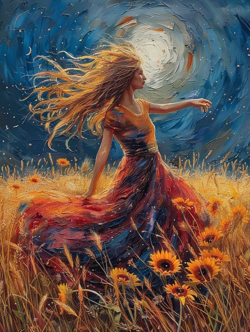 Woman field sunflowers night moon stars painting flowers grass sky dreamy fantasy imagination beauty nature colorful expressionism In a vibrant field of tall, golden grass and sunflowers, a woman with long, flowing hair stands gracefully. Her hair is a mix of golden and reddish hues, blowing gently in the breeze. She wears a flowing dress in shades of red, blue, and yellow, with a sleeveless top and a skirt that sways with her movement. Her arms are outstretched, and she appears to be dancing or reaching towards the sky. The background features a night sky with a bright moon and stars, creating a magical and ethereal atmosphere. The painting is rich in color and texture, with a dynamic and lively feel.