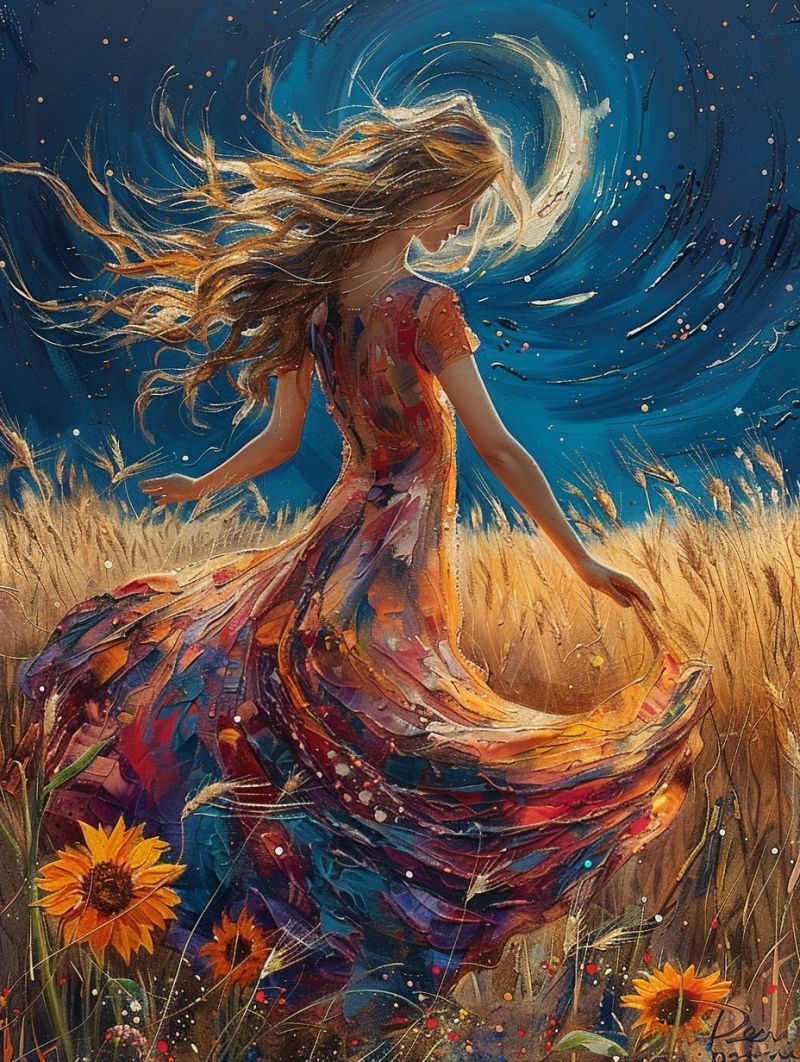 Femme champ nuit ciel fleurs robe tournesol impressionnisme moderne contemporain huile artiste Dans le tableau, une femme aux longs cheveux flottants se tient dans un champ de blé haut. Sa robe est un mélange vibrant de couleurs, incluant des rouges, des bleus et des jaunes, avec un motif qui ressemble à une couverture patchwork. Ses cheveux sont emportés par le vent, et sa robe flotte derrière elle. Le fond est un ciel bleu profond avec des étoiles et un effet tourbillonnant, donnant l'impression de mouvement. Des tournesols sont éparpillés dans le champ, ajoutant à l'ambiance naturelle et fantaisiste de la scène.