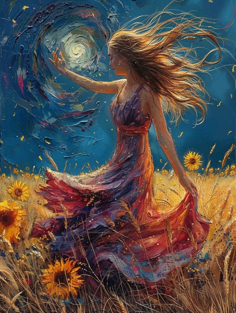Femme champ tournesols robe ciel nuit etoiles fantaisie imagination vent liberte beaute inspiration Au centre de l'image, une femme aux longs cheveux flottants se tient dans un champ d'herbe haute et dorée. Elle porte une robe fluide aux teintes de violet, rouge et bleu, avec un décolleté profond. Ses cheveux sont agités par le vent, et ses bras sont étendus comme si elle cherchait à saisir quelque chose. L'arrière-plan est un ciel tourbillonnant de bleu et de vert avec une lumière brillante et rayonnante au centre, ressemblant à une étoile ou un soleil. La lumière est entourée d'une spirale de couleurs, ajoutant une qualité dynamique et presque magique à la scène. Des tournesols sont dispersés dans le champ, contribuant à l'atmosphère vibrante et vivante.