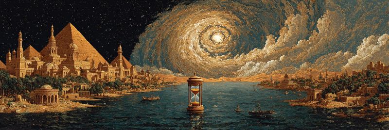 Pyramid city sky water sand desert night clouds stars moon buildings trees boats shore reflection ancient architecture vast, ancient city with grand pyramids and intricate buildings, set against a back of a serene, dark blue sea. The sky is a mesmerizing swirl of colors, resembling a galaxy, with a bright, glowing sun at its center. In the foreground, an hourglass stands in the middle of the water, symbolizing the passage of time. The city is filled with lush greenery, including palm trees, and boats are gently floating on the water. The overall scene combines elements of ancient architecture, a mystical night sky, and the timeless nature of the hourglass, creating a sense of wonder and historical depth.
