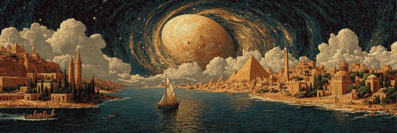 Painting city sky night moon water boat pyramid cloud architecture building town sea river shore hill forest people The painting depicts a fantastical landscape under a night sky filled with stars. In the foreground, a sailboat glides across a calm body of water. To the left, a small boat with people on it moves towards the shore. The shore is lined with ancient structures, including pyramids and other buildings, some of which have spires. The sky is dominated by a large, glowing moon, surrounded by swirling clouds. The moon appears to be a portal to another world, with stars and celestial bodies visible through it. The overall scene combines elements of ancient architecture with a surreal, otherworldly atmosphere.