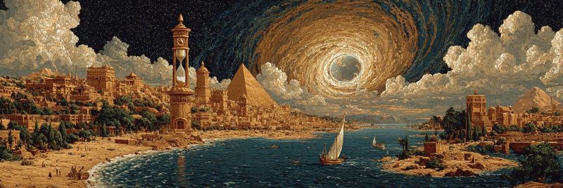 Painting city sky water boat pyramid cloud desert building sea architecture town river sun mountain sand tree night The painting depicts a fantastical landscape with a large city on the left side, featuring a prominent clock tower and a pyramid. The city is surrounded by lush greenery and trees. In the foreground, there is a serene body of water with a sailboat sailing on it. The sky is a deep, dark blue, and it is filled with swirling clouds that form a spiral pattern leading to a large, circular opening in the sky. The opening appears to be a portal or a wormhole, with a bright, glowing light emanating from it. The overall scene is a blend of ancient architecture, natural beauty, and a sense of otherworldly wonder.