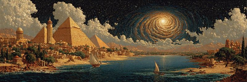 Painting pyramid city water boat sky night stars clouds mountains trees architecture ancient desert reflection horizon imagination ighttime scene with a vast desert landscape. In the foreground, there is a serene body of water, possibly a river or a sea, with two sailboats gently floating on the calm surface. On the left side of the image, there are several pyramids, including the iconic Great Pyramid of Giza, with their triangular shapes rising majestically against the night sky. The pyramids are surrounded by a small, ancient city with numerous buildings and structures. The sky is a deep, dark blue, adorned with countless stars, and there is a striking spiral galaxy in the upper right corner, adding a sense of cosmic wonder to the scene. The overall atmosphere is tranquil and awe-inspiring, blending elements of ancient history with the vastness of the universe.