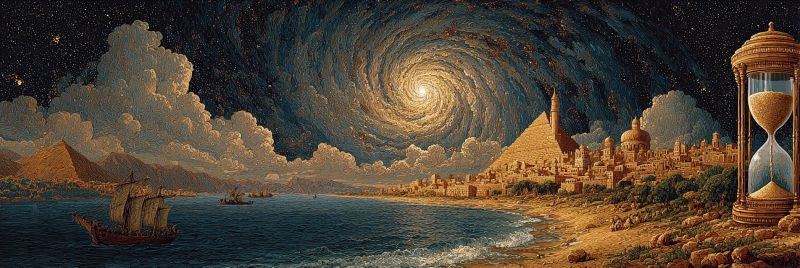 Ville ciel nuit eau bateau pyramide desert nuage mer sable montagne etoile antique architecture histoire culture La peinture représente un vaste paysage surréaliste sous un ciel de nuit rempli d'étoiles. Au premier plan, il y a une plage avec une petite cité ancienne construite sur le sable. La cité comporte plusieurs bâtiments en forme de dôme et une pyramide, tous construits en pierre. À gauche, un voilier avec de hautes voiles navigue sur la mer calme. Le ciel est dominé par une grande galaxie en spirale, avec un centre brillant et lumineux. Un sablier avec du sable qui s'écoule est placé sur le côté droit de la peinture, ajoutant un sentiment de temps et de transience à la scène.