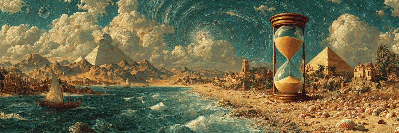 Painting desert pyramid sea boat sand sky clouds mountains stars night ancient ruins waves shoreline time history nature dunes civilization The painting depicts a vast desert landscape with a large hourglass in the foreground. The hourglass is filled with sand, symbolizing the passage of time. On the left side, there is a sailboat navigating through choppy waters, suggesting a journey or exploration. In the background, there are two pyramids, one on each side of the hourglass, representing ancient civilizations. The sky is filled with stars, and there is a large, glowing moon, adding to the mystical atmosphere. The desert is dotted with scattered shells and rocks, and there are distant mountains and a small village in the distance. The overall scene conveys a sense of timelessness and the enduring nature of history.