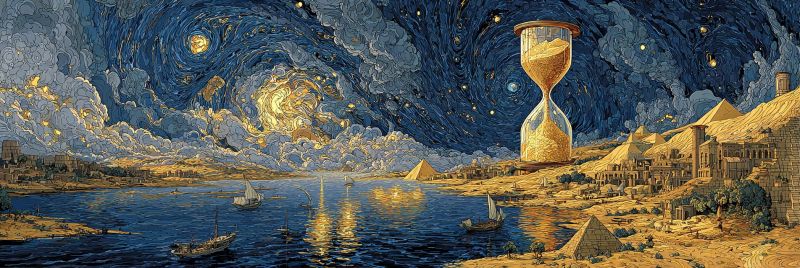 Nuit ciel etoiles lune pyramide desert eau bateau reflet sable ancien architecture astronomie cosmos culture histoire La peinture représente un paysage serein sous un ciel nocturne rempli de nuages tourbillonnants et d'étoiles. Au premier plan, il y a un plan d'eau, peut-être une rivière, avec plusieurs bateaux qui y naviguent. Les bateaux sont petits et semblent avancer lentement. Sur le côté droit de la peinture, il y a plusieurs pyramides et d'autres structures anciennes, suggérant un cadre égyptien. Au centre, il y a un grand sablier rempli de sable doré, symbolisant le passage du temps. Le ciel est d'un bleu profond, avec une lune brillante et des étoiles dispersées partout. L'ambiance générale de la peinture est calme et réflexive.