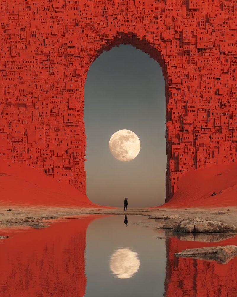Architecture bridge building city cityscape concept contemporary design dream fantasy fictional future imagination modern moon reflection sky In the center of the image, a person stands in a vast, red desert, gazing up at a full moon. The moon is bright and full, casting a soft glow over the scene. The person is standing in the middle of a large arch-shaped structure made of red buildings, which are densely packed and appear to form a city. The arch leads to a vast expanse of red sand. The water in the foreground reflects the moon and the buildings, creating a mirror-like effect. The sky is a deep, dusky blue, adding to the surreal atmosphere of the image.