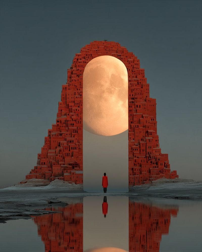 Architecture batiment ville contemporain design reve fantaisie fictionnel futur imagination moderne lune nuit reflexion rouge ciel structure Au centre de l'image, une personne se tient devant une grande structure rouge en forme d'arche. L'arche est composée de plusieurs niveaux de bâtiments, chacun avec des fenêtres et des balcons. L'arche encadre une pleine lune, qui brille intensément et semble presque toucher le sommet de l'arche. La lumière de la lune projette une lueur chaude sur la personne et les environs. La personne porte un manteau rouge et semble regarder la lune. Le sol est mouillé, et le reflet de l'arche et de la personne est visible dans l'eau. Le ciel est sombre, et la seule source de lumière est la lune.