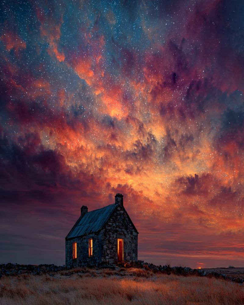 Maison ciel nuit etoile nuage champ batiment architecture toit fenetre porte herbe colline montagne horizon coucher soleil astronomie Un petit cottage en pierre se dresse seul dans un vaste champ ouvert sous un ciel de nuit spectaculaire. Le cottage a un toit en ardoise et deux cheminées, avec une lumière chaude émanant des fenêtres, suggérant qu'il est habité. Le ciel est un mélange à couper le souffle de bleus profonds, de violets et d'oranges ardents, avec des nuages tourbillonnants et illuminés par la lumière d'innombrables étoiles. Les étoiles sont dispersées dans le ciel, ajoutant à l'atmosphère magique. Le cottage est entouré d'herbe haute et sèche, et l'horizon est parsemé de collines plus lointaines. La scène est paisible et sereine, avec le cottage apparaissant comme un petit phare chaleureux dans le vaste paysage ouvert.
