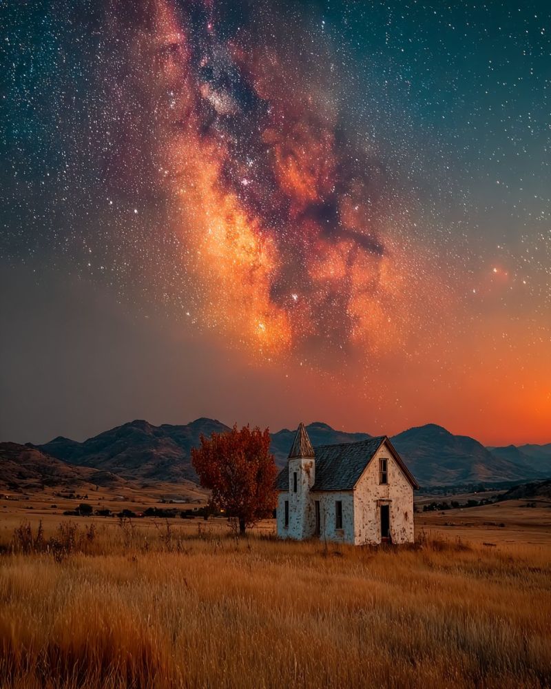 Nuit ciel etoiles maison champ montagnes arbre coucher soleil architecture nature batiment herbe nuages horizon campagne voie lactee Dans un vaste champ ouvert, une petite église blanche, usée par le temps, se dresse seule, son toit délabré et ses murs marqués par le passage des années. À gauche de l'église, un arbre aux feuilles rouges vibrantes ajoute une touche de couleur au milieu de l'herbe dorée. Le ciel au-dessus est une toile époustouflante de bleus profonds et d'oranges, avec la galaxie de la Voie Lactée clairement visible, ses étoiles scintillant et formant une majestueuse arche à travers les cieux. En arrière-plan, une série de collines ondulantes s'étend, leurs silhouettes adoucies par la lumière déclinante du soleil couchant.