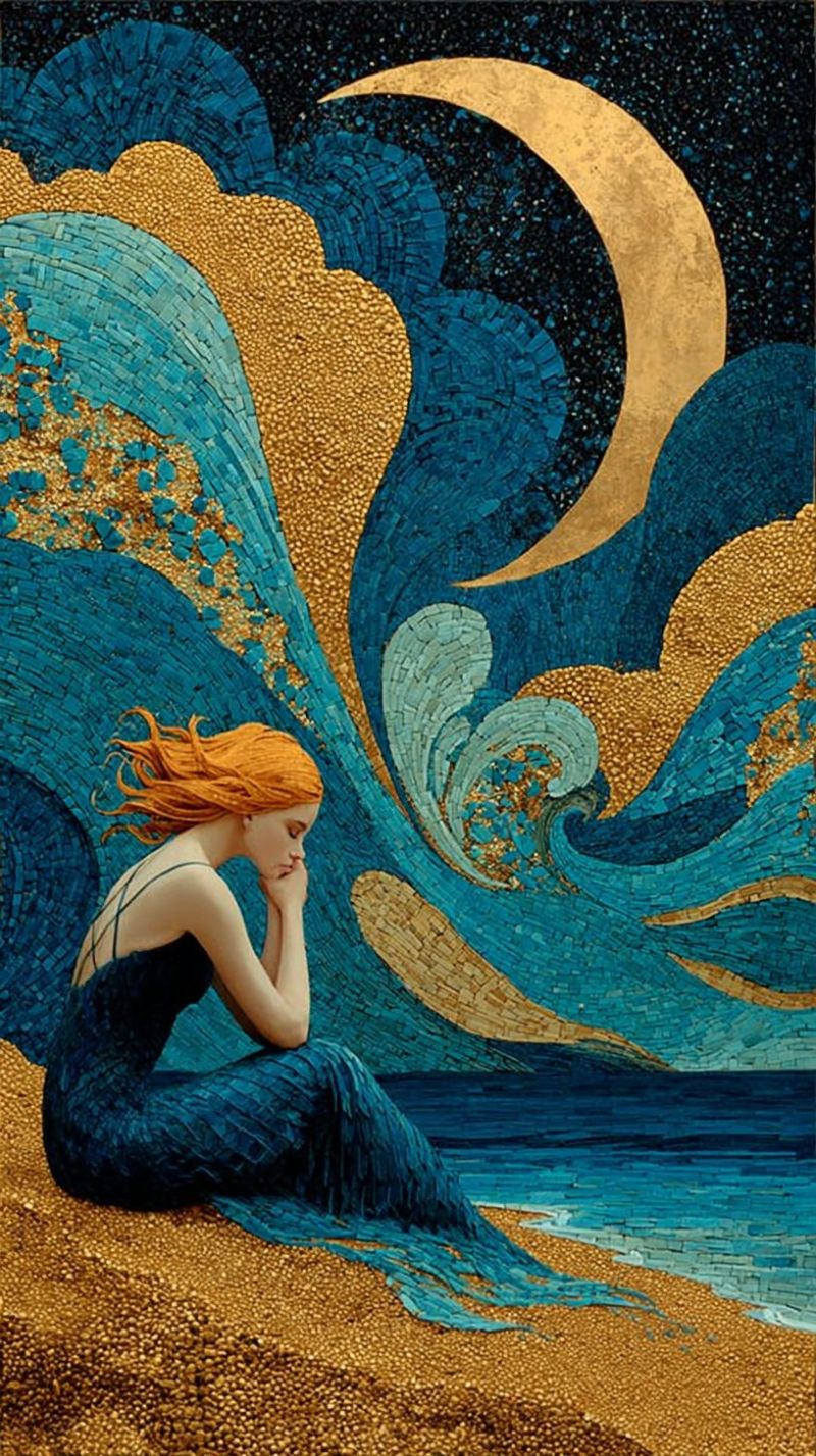 Painting woman sea beach night moon waves mosaic fantasy mermaid ocean clouds gold blue texture dreamlike starry sky leaf woman sitting on a sandy beach, her hair flowing in the wind. She wears a dark blue dress that flows down to her feet, and her hair is a bright orange color. She appears to be looking down, perhaps lost in thought. Behind her, the background is a mosaic of blue and gold tiles, forming a wave-like pattern that extends into the sky. The sky itself is dark, with a large golden crescent moon and scattered stars. The mosaic's colors transition from deep blue to golden hues, creating a shimmering effect. The overall scene is serene and somewhat mystical, with the woman's contemplative pose adding to the tranquil atmosphere.