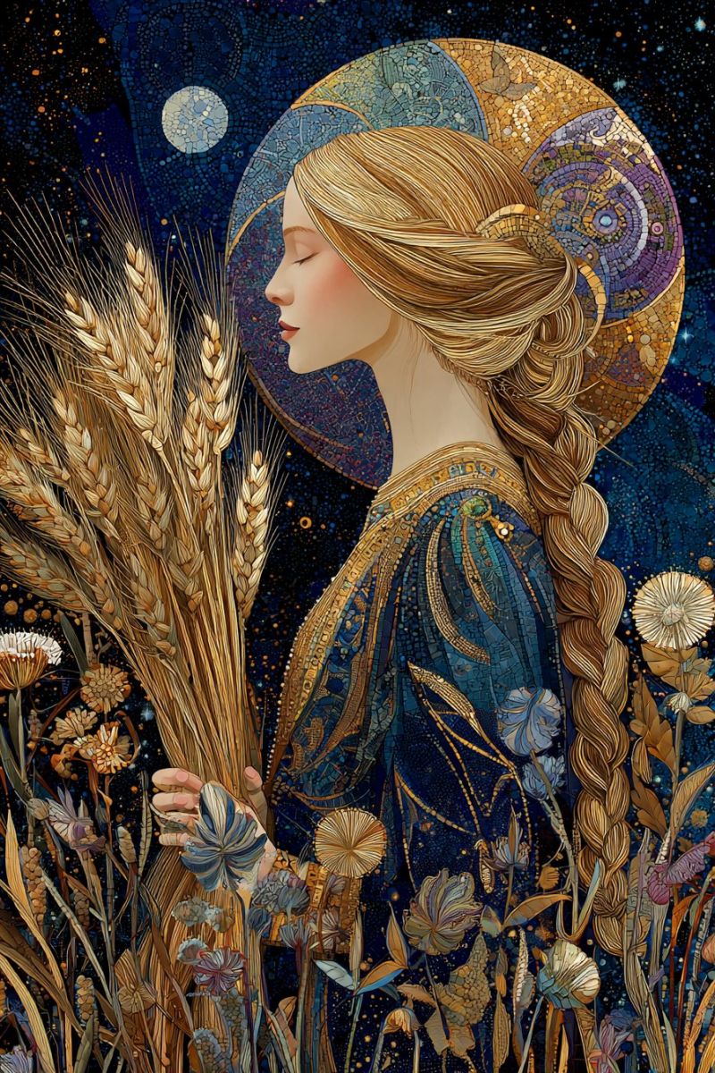 Woman wheat flowers night moon stars dress hairstyle hairband tie clip accessory ornament decoration jewelry adornment In the center of the image stands a woman with long, braided hair, dressed in a richly detailed blue and gold gown adorned with intricate patterns. She holds a bundle of golden wheat in her hands, symbolizing abundance and harvest. Her eyes are closed, and she appears to be in a serene, contemplative state. Behind her, the background is a mosaic of blue and gold, with a circular design that resembles a celestial orb, possibly representing the moon or a star. The sky is dark, dotted with stars and a full moon, adding to the mystical atmosphere. Surrounding the woman are various flowers and plants, including dandelions and other wildflowers, creating a lush, natural setting.