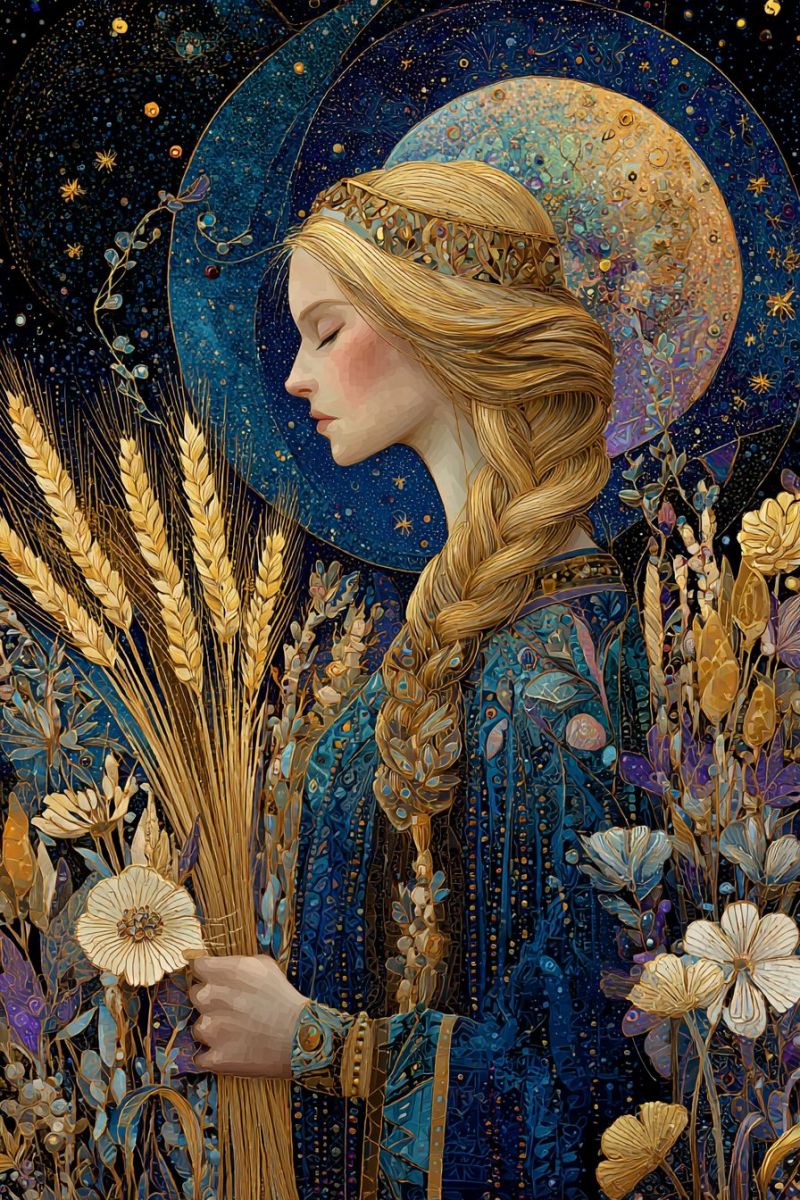 Fantaisie femme fille Une femme aux longs cheveux dorés et une couronne dorée se tient dans un champ de blé et de fleurs. Elle porte une robe bleue ornée d'accents dorés et tient un faisceau de blé dans ses mains. Ses yeux sont fermés, et elle semble être dans un état de contemplation ou de prière. L'arrière-plan présente une grande lune éclatante entourée d'étoiles et un design circulaire bleu. La scène globale est riche en couleurs et en détails, avec une atmosphère mystique et sereine.