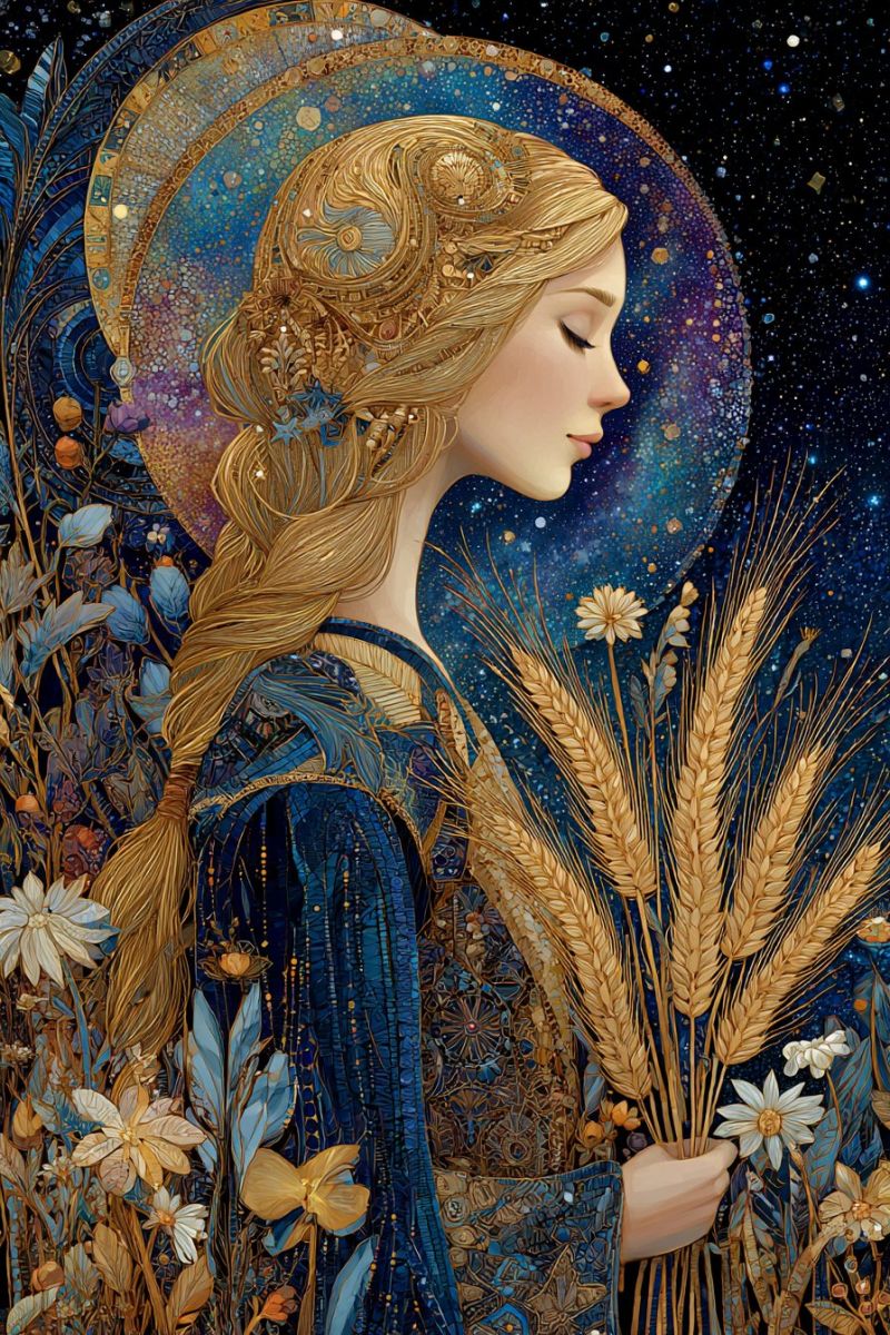 Painting woman flowers wheat fantasy girl beauty design A woman with long, wavy blonde hair is depicted in a detailed and vibrant illustration. She wears a deep blue dress adorned with golden accents and intricate patterns. Her hair is styled in a way that it flows down her back and is decorated with golden leaves and flowers. She holds a bundle of golden wheat in her hands, symbolizing abundance and harvest. The background is a rich tapestry of blue and gold hues, with a celestial theme featuring stars, moons, and a circular design that resembles a halo. The overall atmosphere is mystical and serene, with a focus on natural beauty and celestial elements.