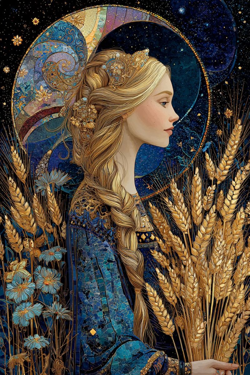 Femme fantaisie blonde couronne bijoux robe ble fleurs nuit ciel etoiles lune obscurite Une femme aux longs cheveux dorés se tient dans un champ de blé, tenant un faisceau de blé dans sa main droite. Elle porte une robe bleue ornée de motifs dorés et une couronne dorée sur la tête. Ses cheveux sont tressés de manière complexe et décorés de fleurs dorées. L'arrière-plan présente un grand design circulaire avec un mélange de couleurs bleues, dorées et jaunes, ressemblant à une mosaïque. Le ciel est sombre, avec des étoiles et un croissant de lune visibles.